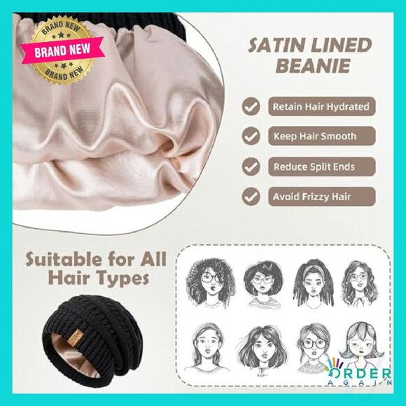 Satin Lined Slouchy Beanie Set Classic Oversized Winter Hat Chic - Picture 5 of 8